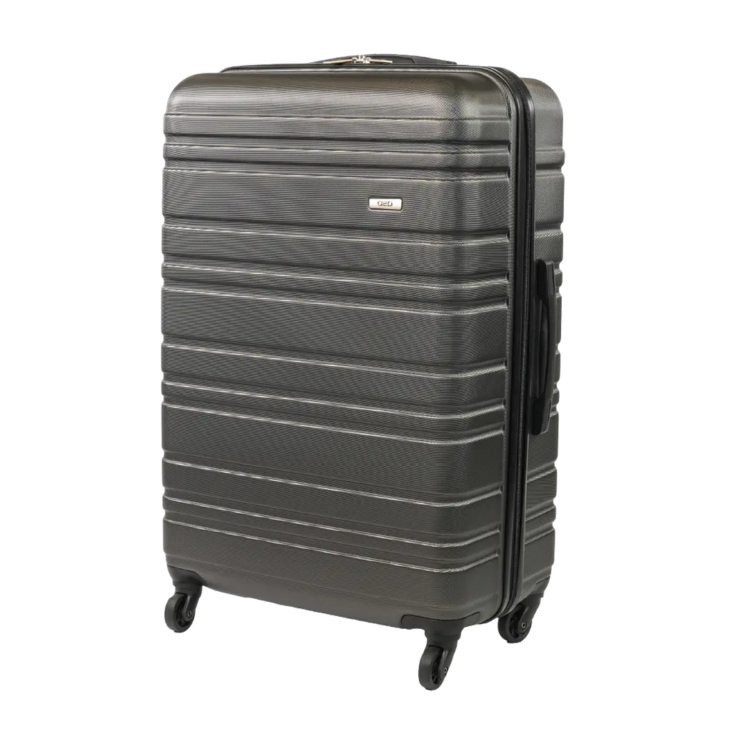 Gray suitcase with black accents on a white background