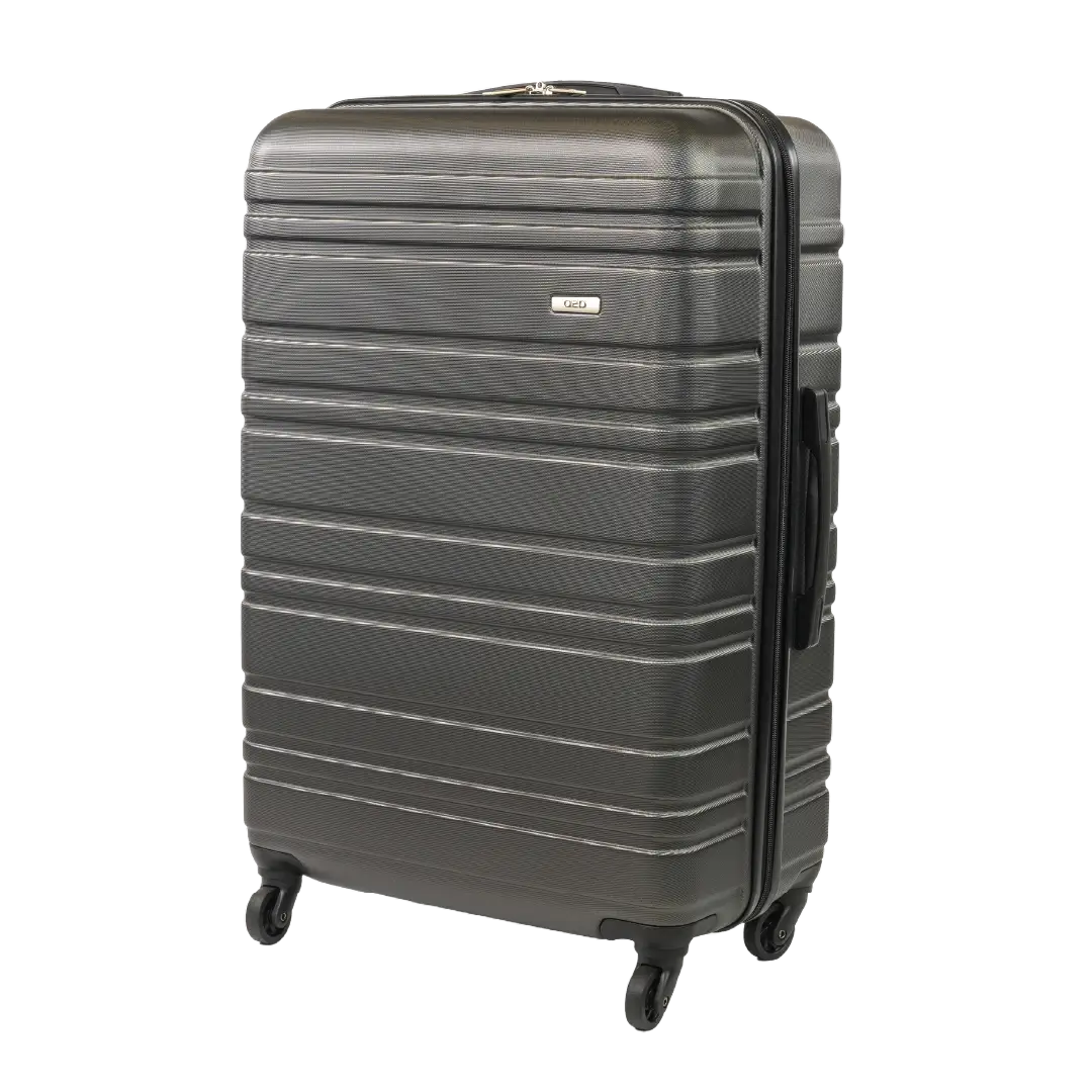 Gray suitcase with black accents on a white background