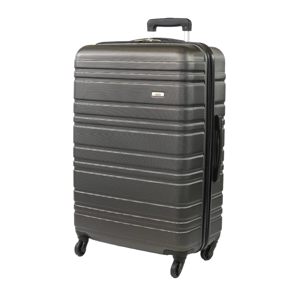 Gray suitcase with black handle and wheels on a white background