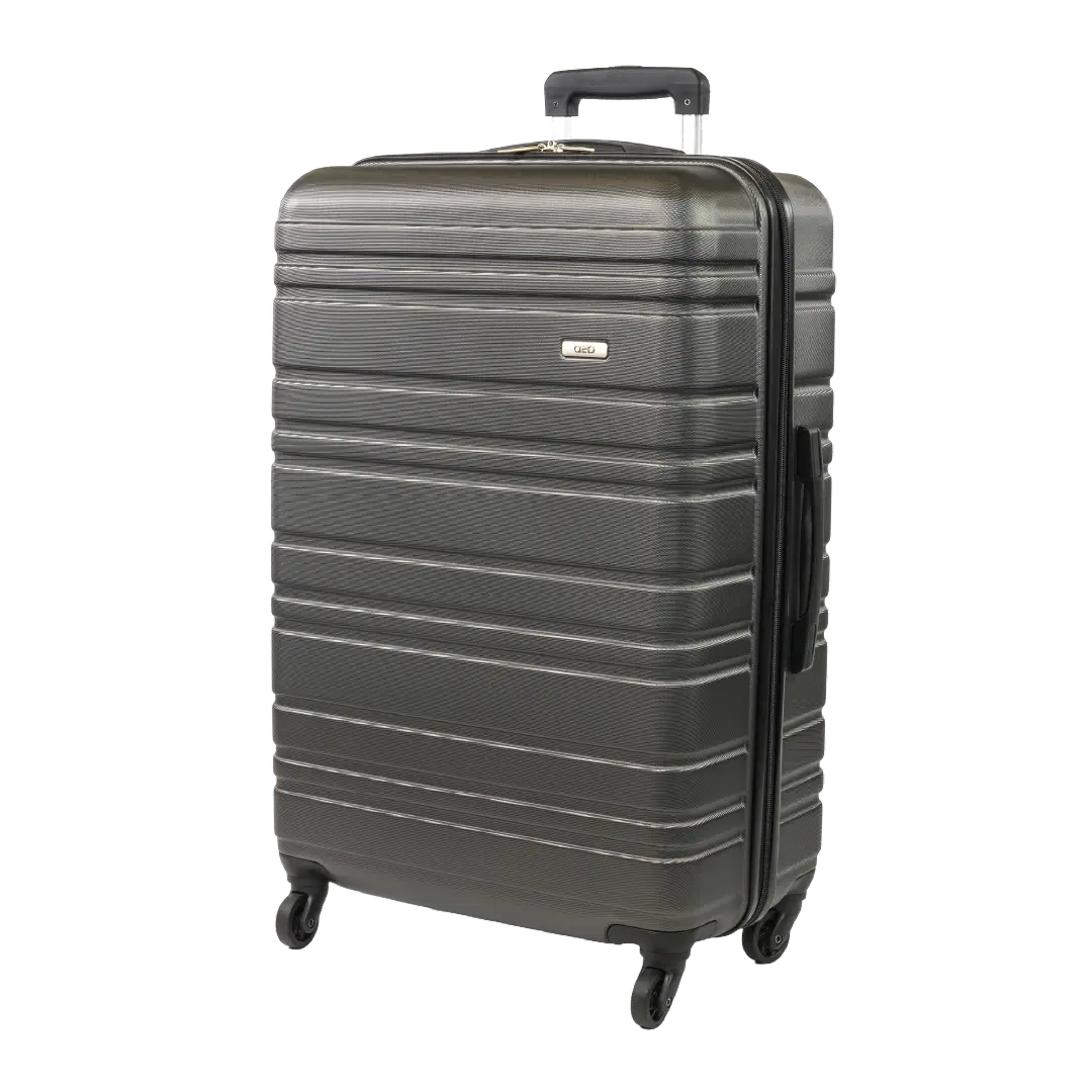 Gray suitcase with black handle and wheels on a white background