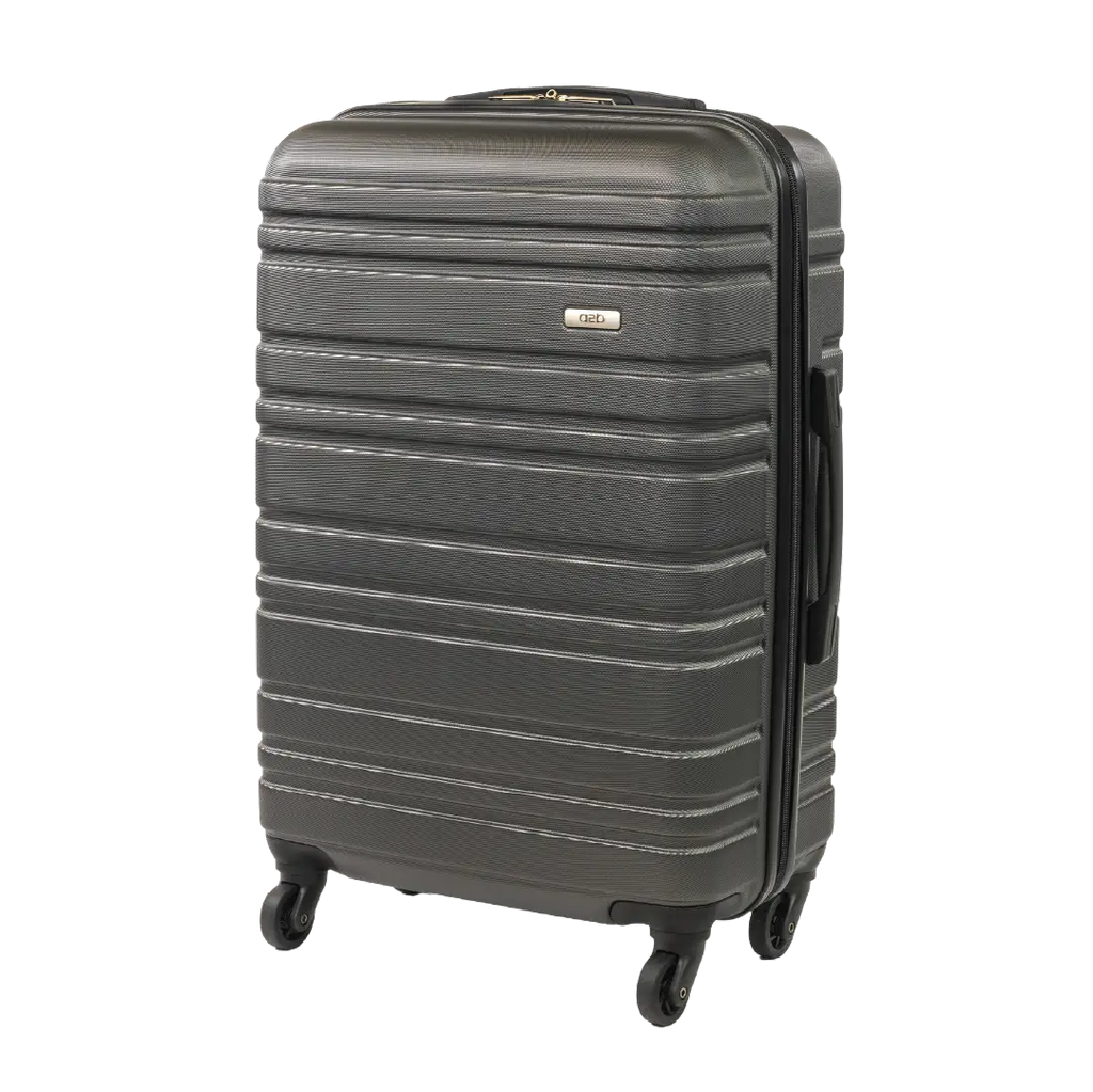 Gray suitcase with wheels on a white background