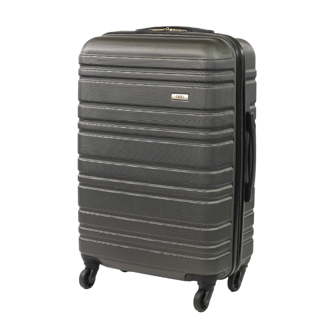 Gray suitcase with wheels on a white background