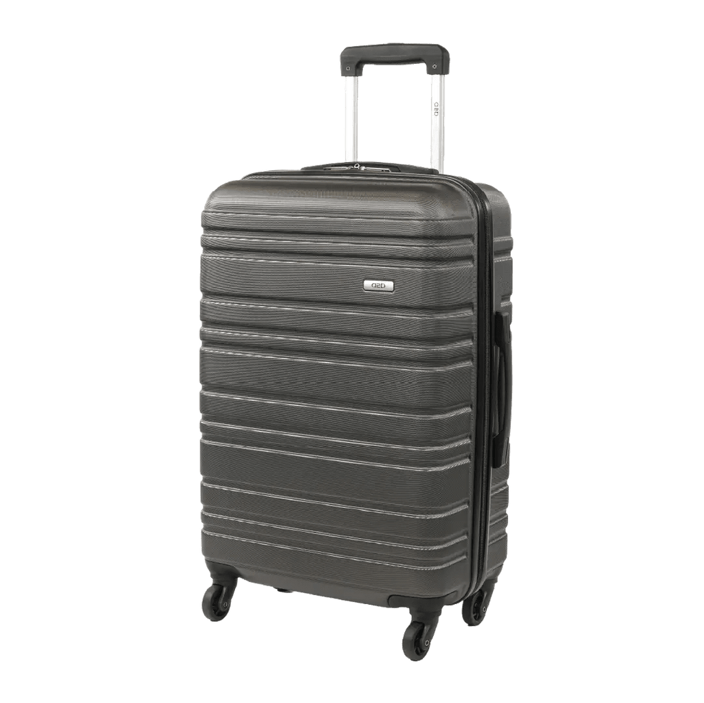 Gray suitcase with black handle and wheels on a white background