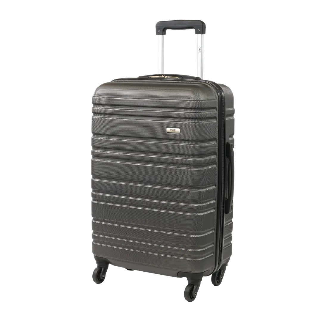 Gray suitcase with black handle and wheels on a white background