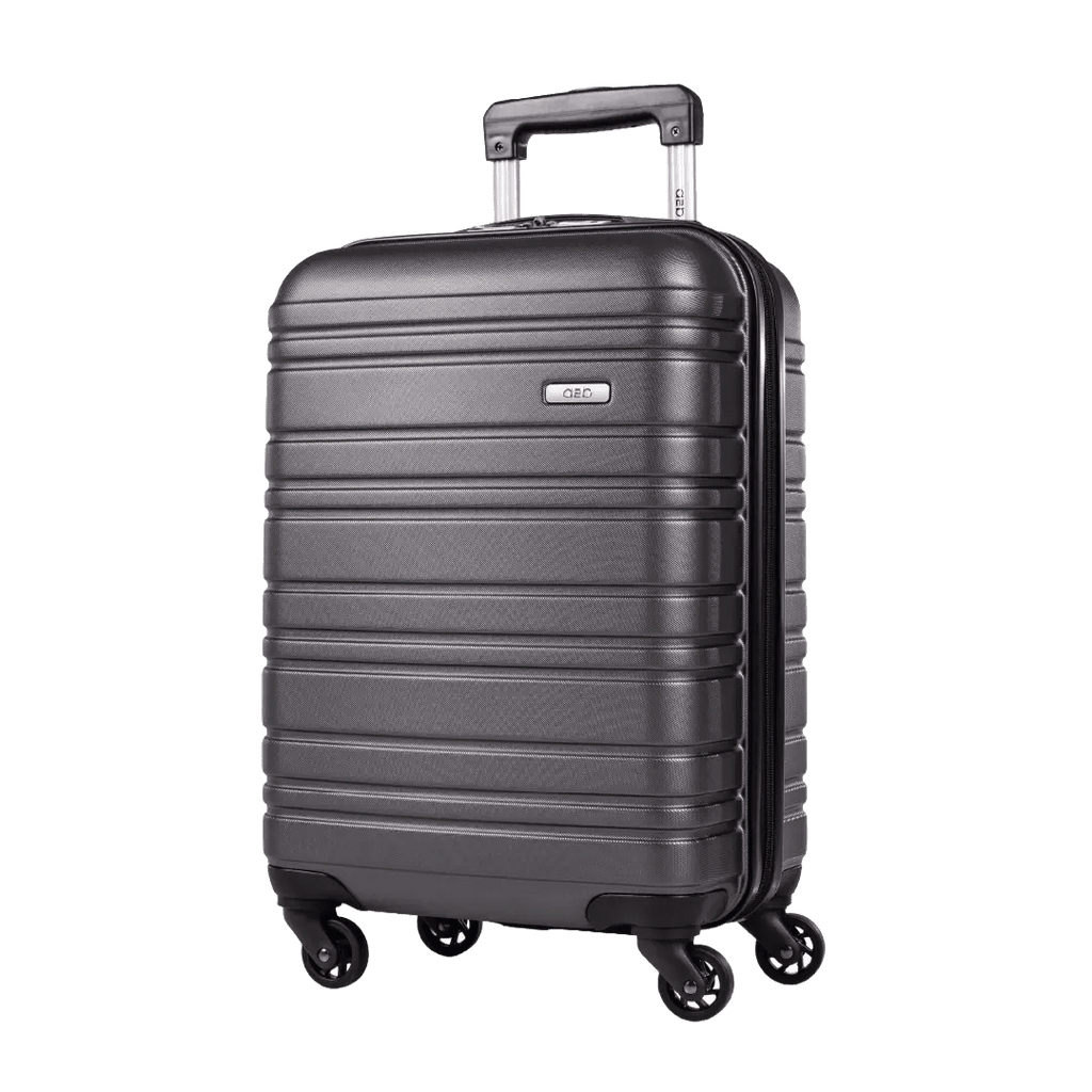 Gray suitcase with wheels and a handle on a white background