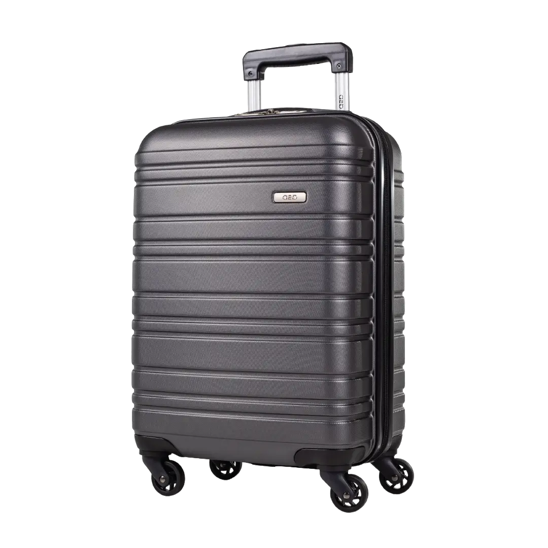 Gray suitcase with wheels and a handle on a white background
