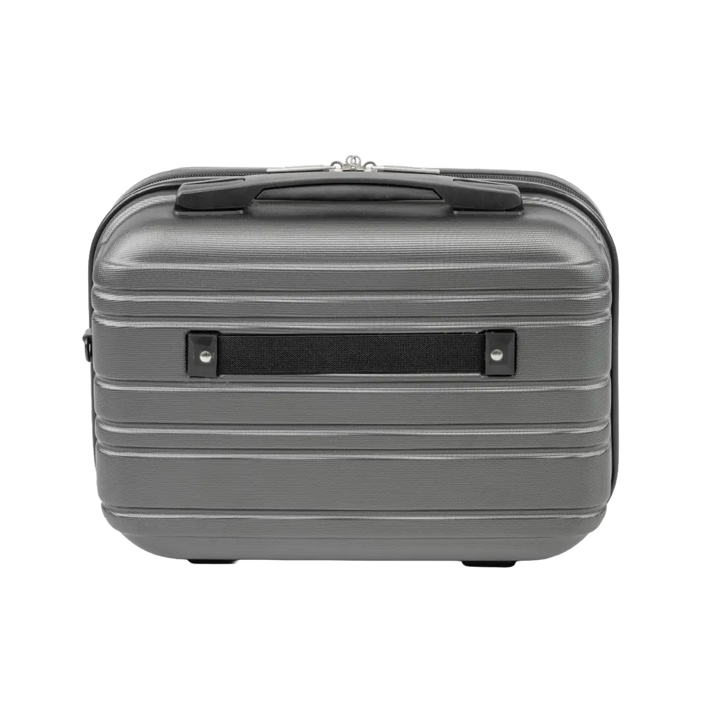 Gray suitcase with black handle and accents on a white background