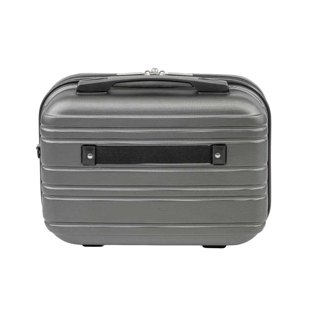 Gray suitcase with black handle and accents on a white background
