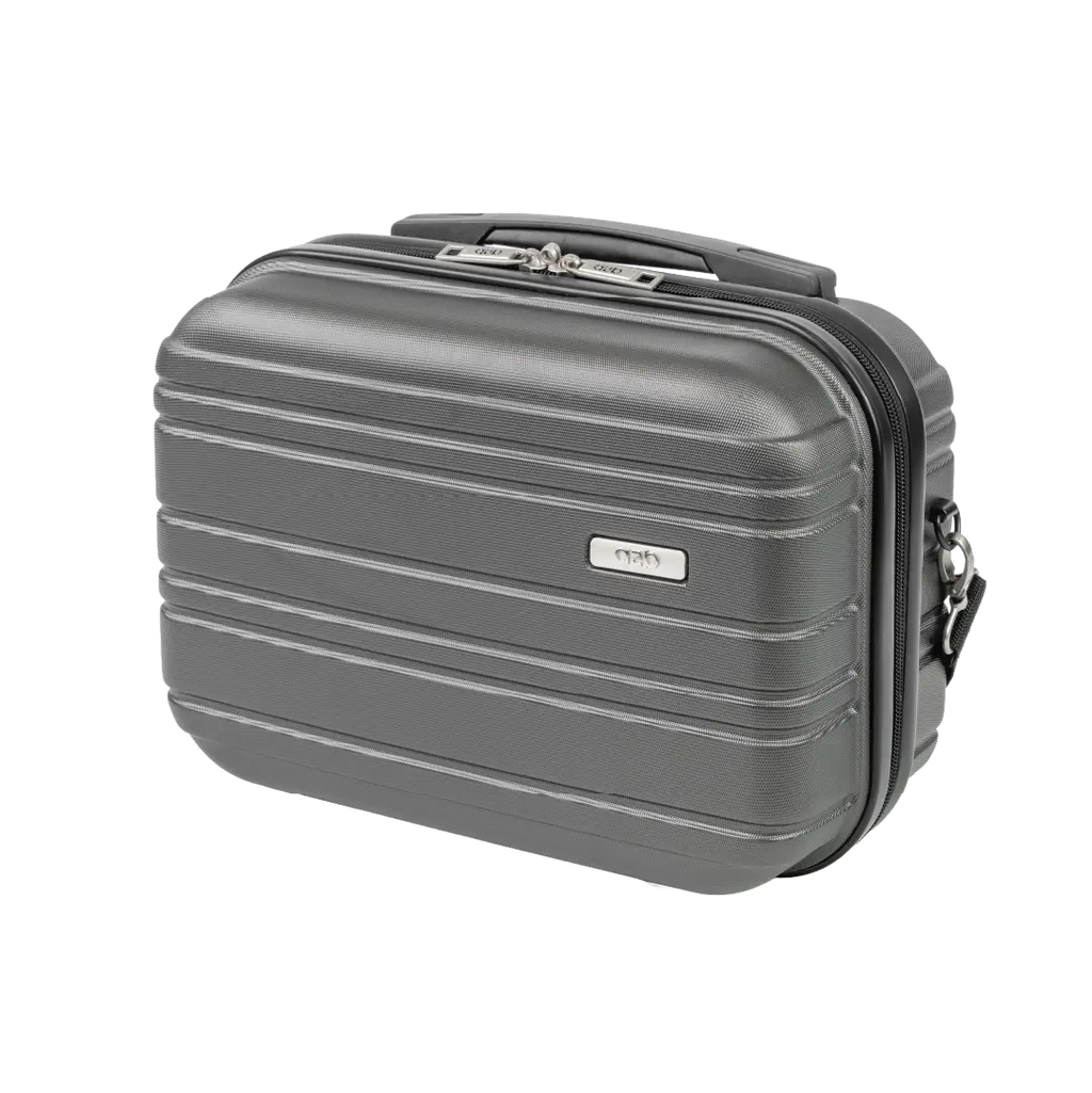 Gray suitcase with a handle on a white background