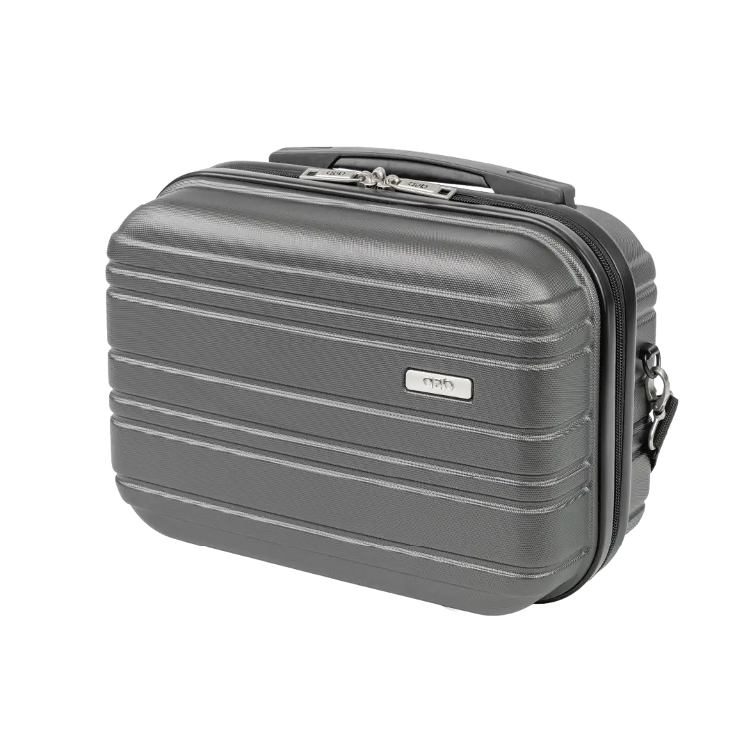Gray suitcase with a handle on a white background