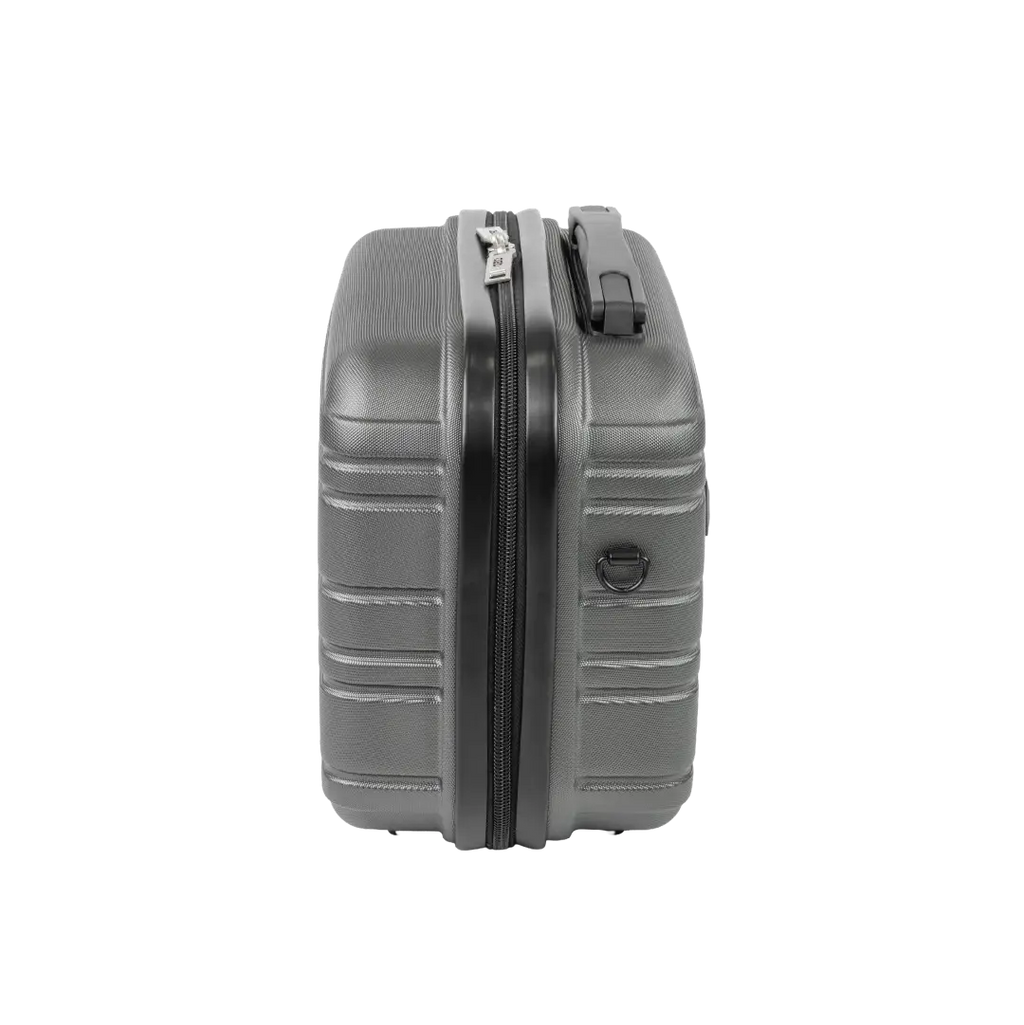 Gray suitcase with a zipper on a white background
