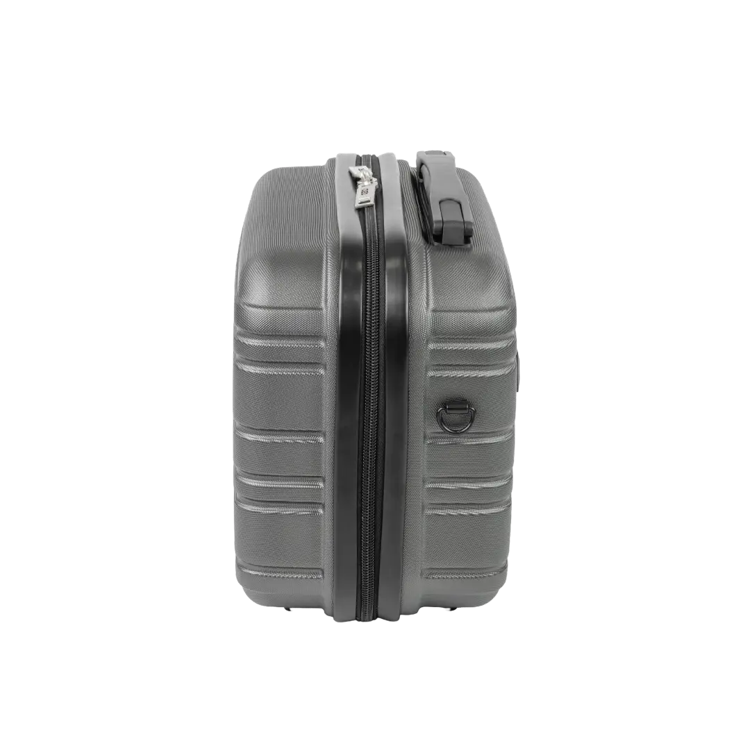 Gray suitcase with a zipper on a white background
