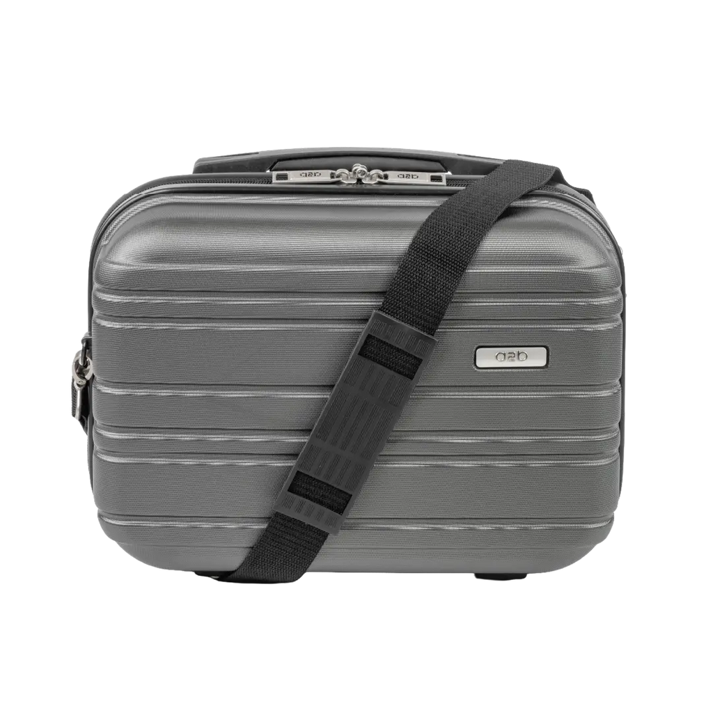 Gray suitcase with a black strap on a white background