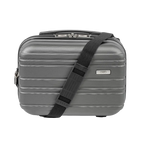 Gray suitcase with a black strap on a white background