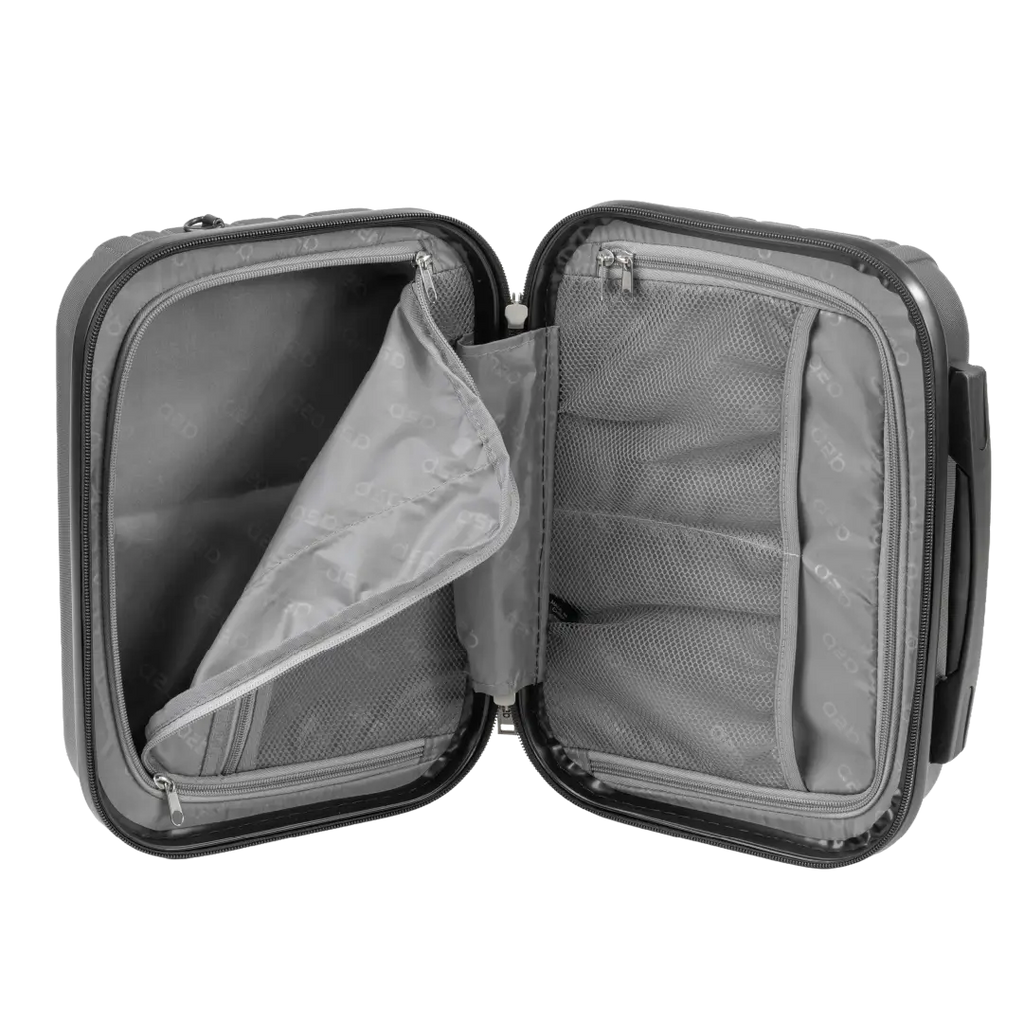 Open gray travel case with mesh interior on a white background