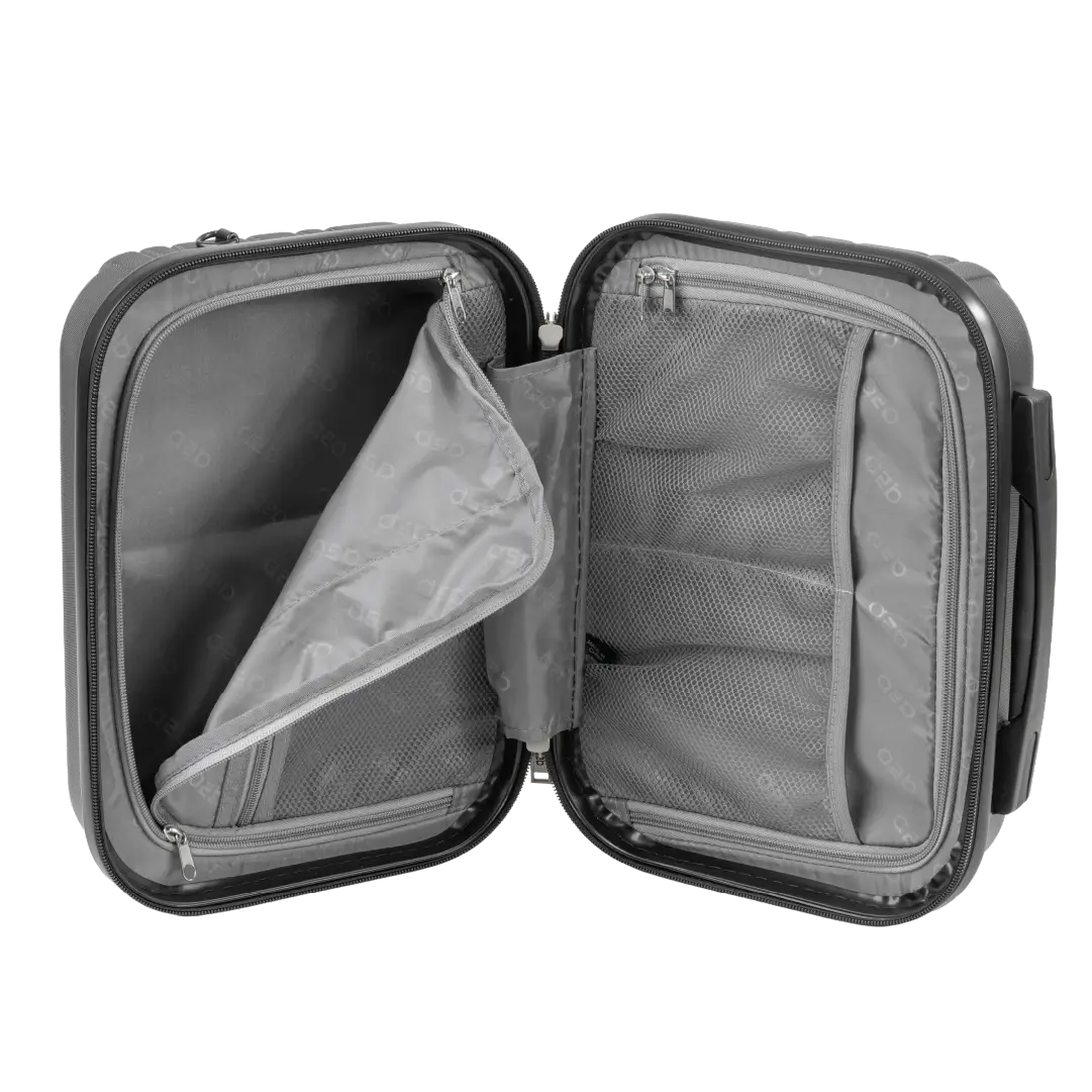 Open gray travel case with mesh interior on a white background