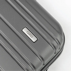 Closeup of a grey suitcase showing the brand.