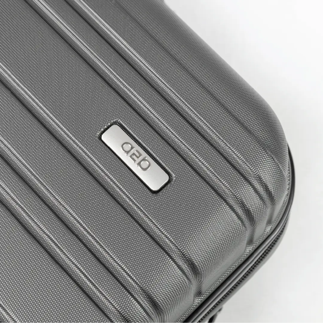 Closeup of a grey suitcase showing the brand.