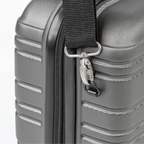 Close-up of a gray suitcase with a zipper and handle attachment on a white background