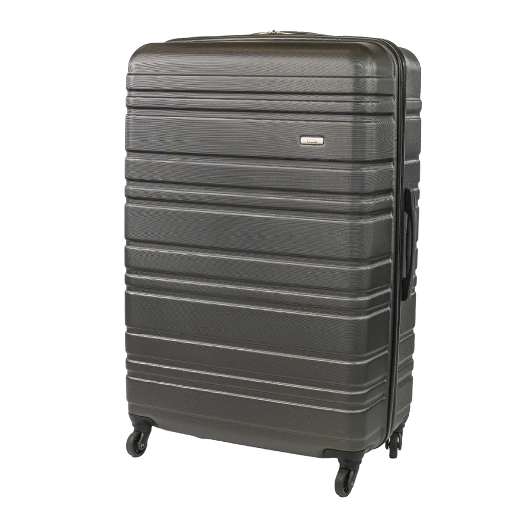 Gray suitcase with a textured surface on a white background