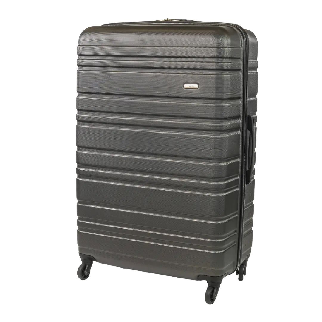 Gray suitcase with a textured surface on a white background