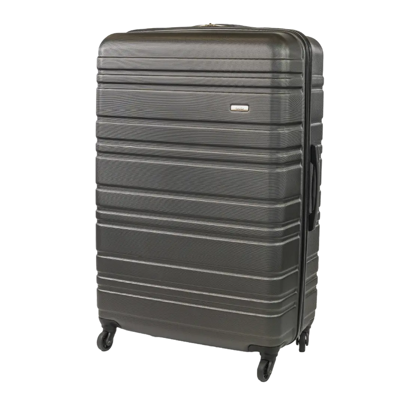 Gray suitcase with a textured surface on a white background