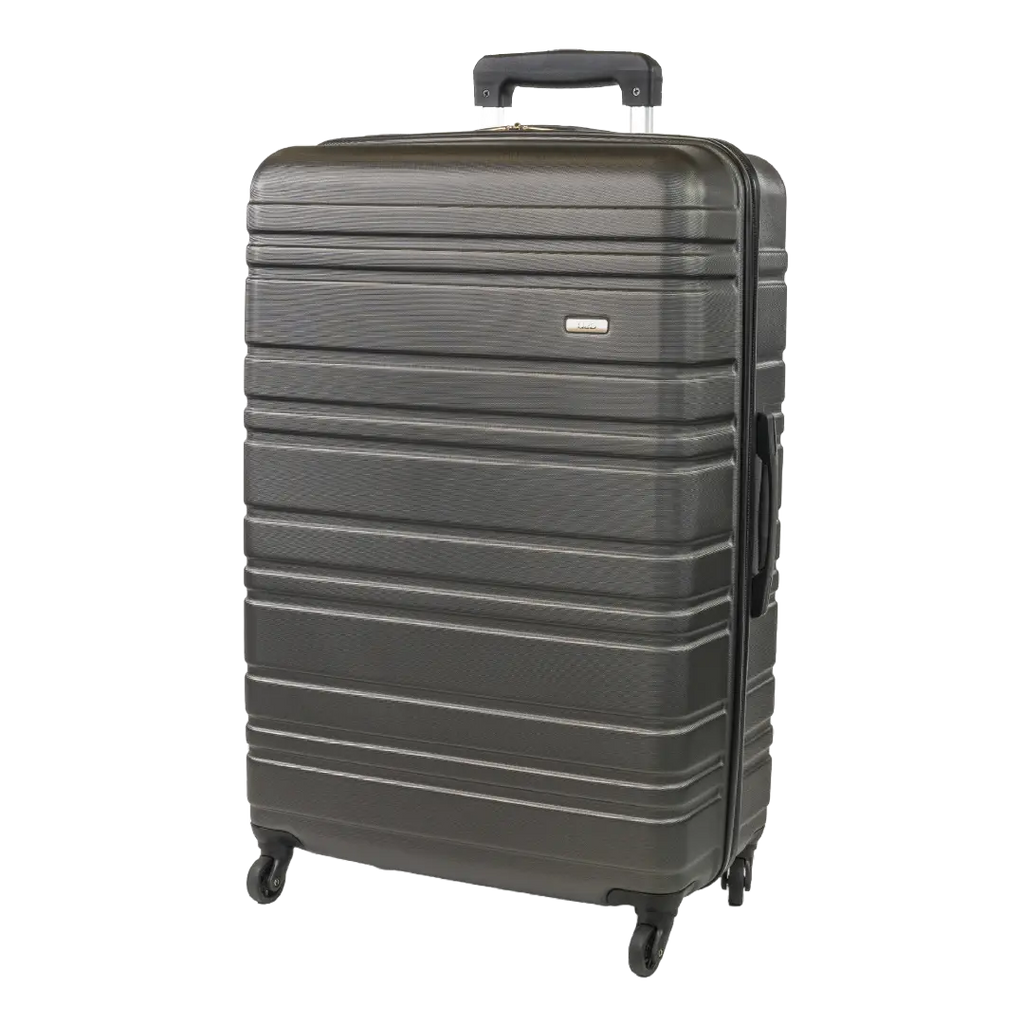 Gray suitcase with a textured surface on a white background