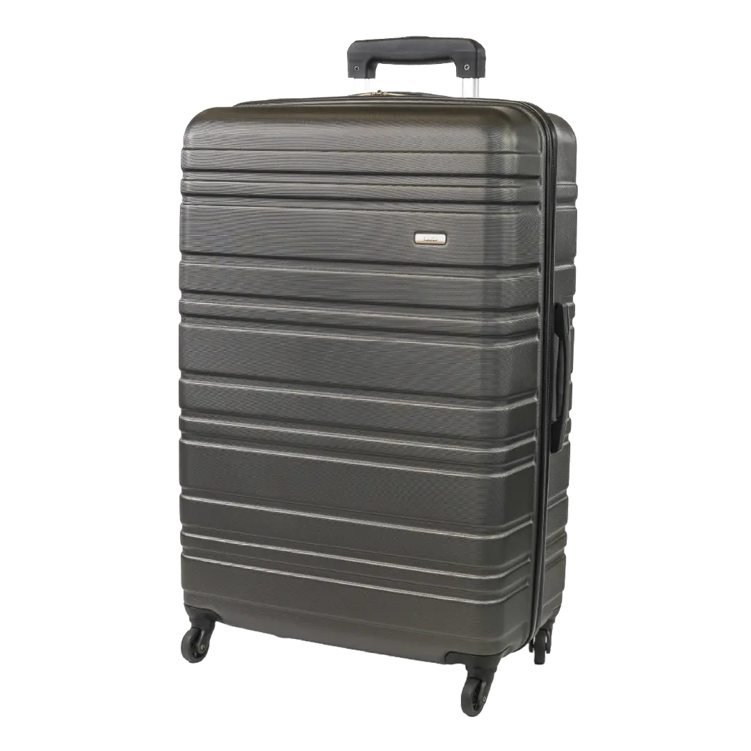 Gray suitcase with a textured surface on a white background