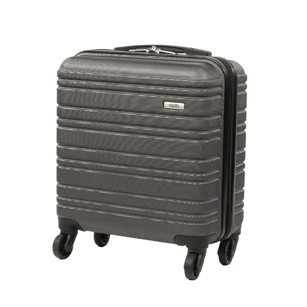 Gray suitcase with a visible brand logo on a white background