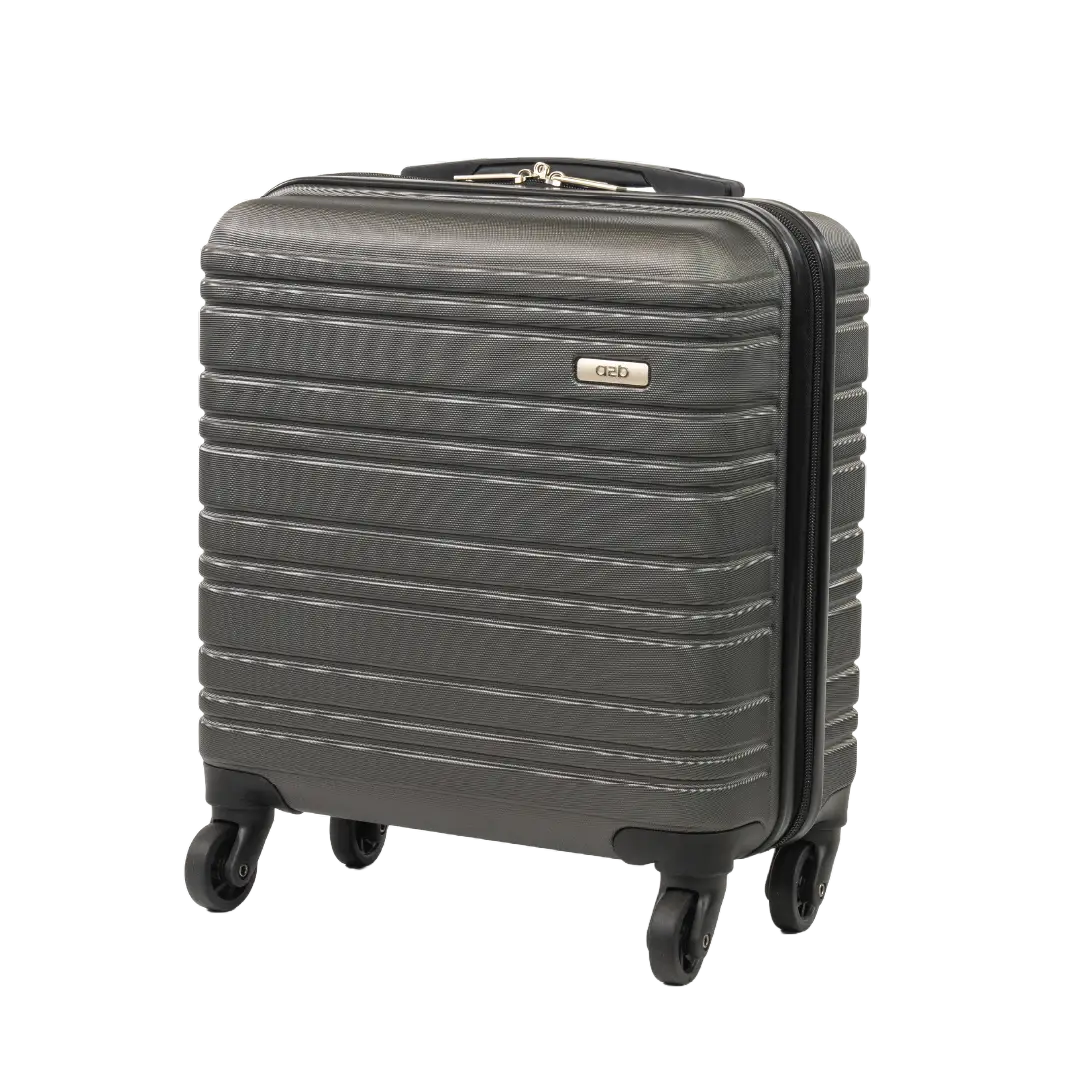 Gray suitcase with a visible brand logo on a white background