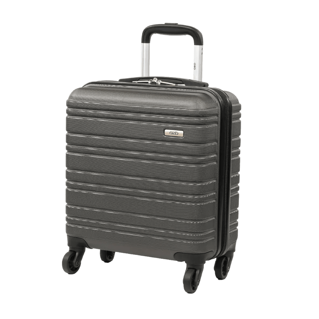 Gray suitcase with wheels and a handle on a white background