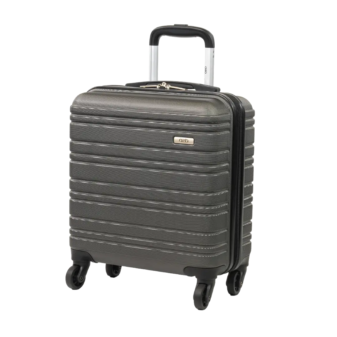 Gray suitcase with wheels and a handle on a white background