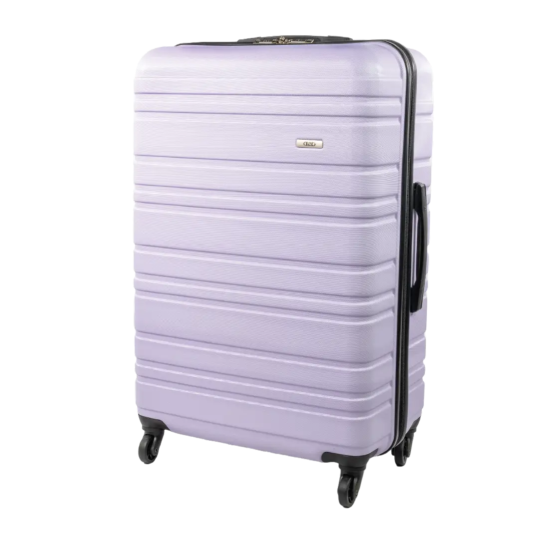 Light purple suitcase with black handles and wheels on a white background