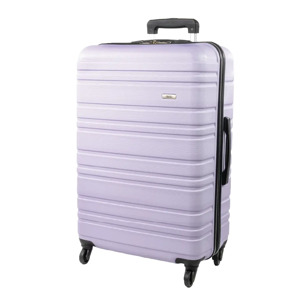 Light purple suitcase with black handle and wheels on a white background