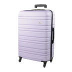 Light purple suitcase with black handle and wheels on a white background
