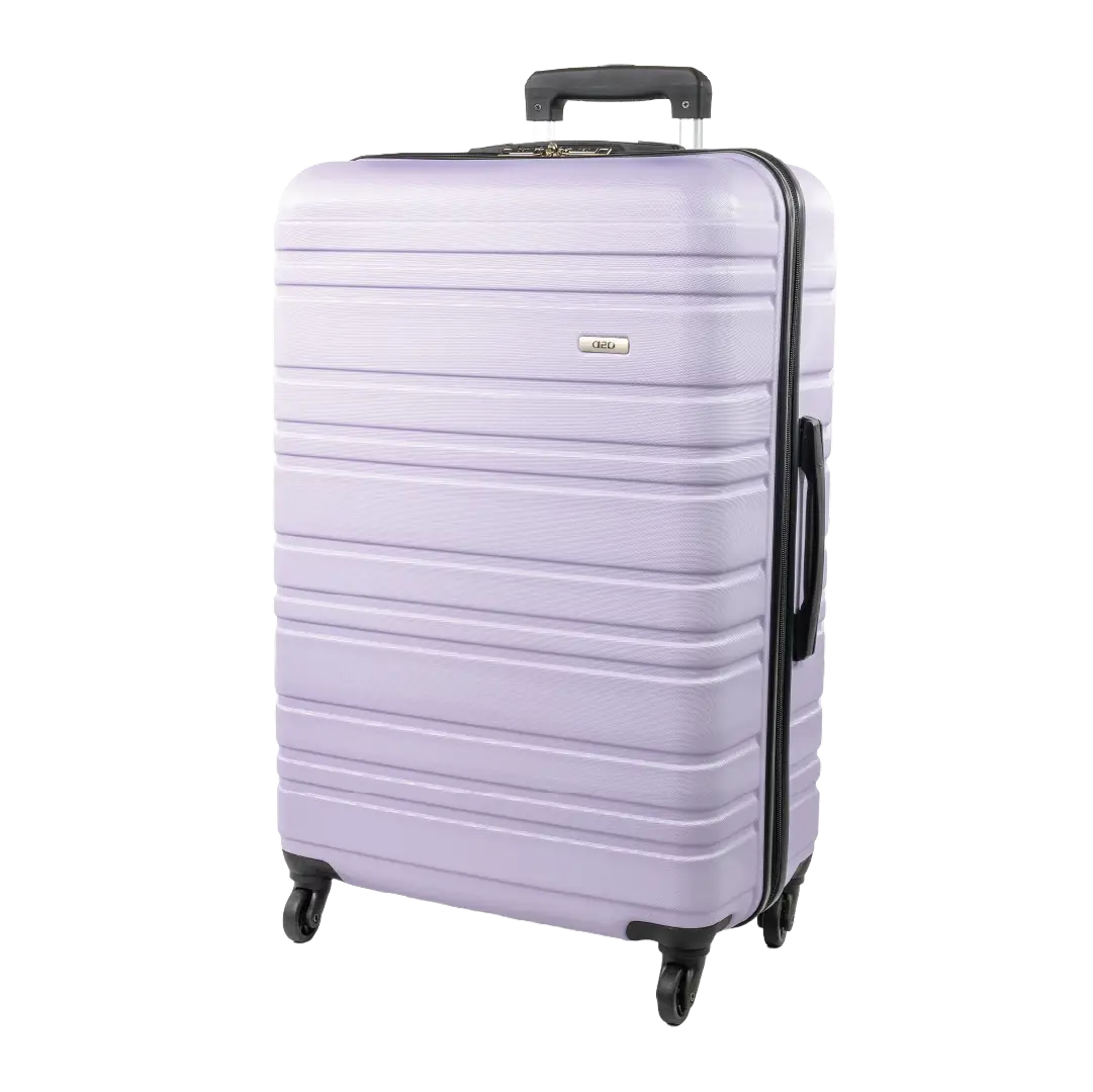 Light purple suitcase with black handle and wheels on a white background