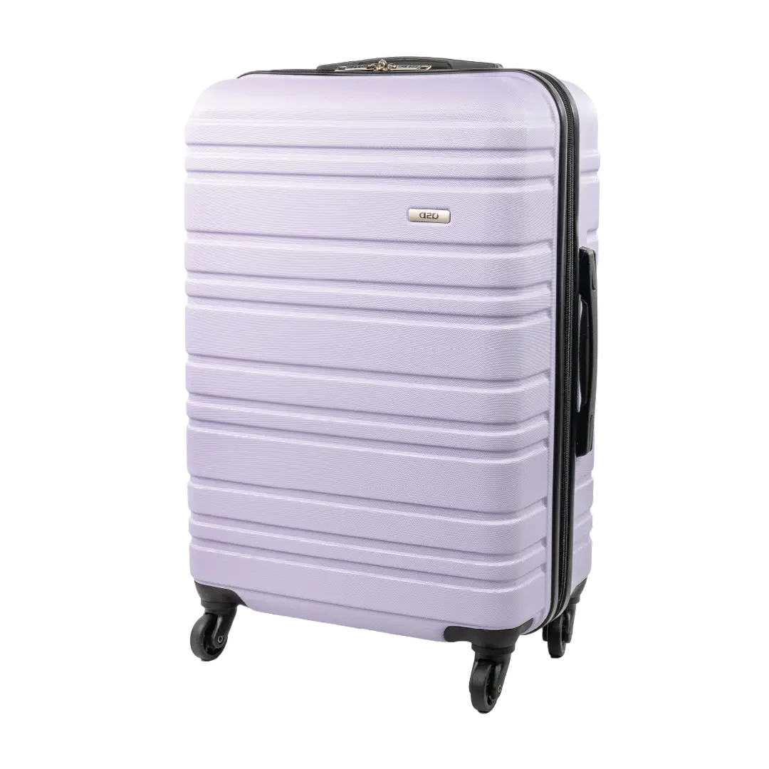 Light purple suitcase with black wheels and handle on a white background