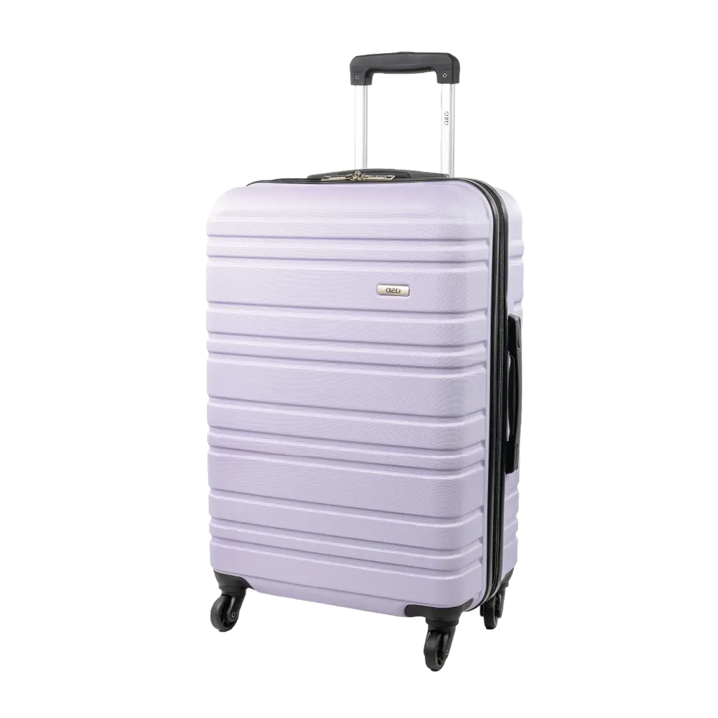Light purple suitcase with black wheels and handle on a white background