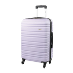 Light purple suitcase with black wheels and handle on a white background