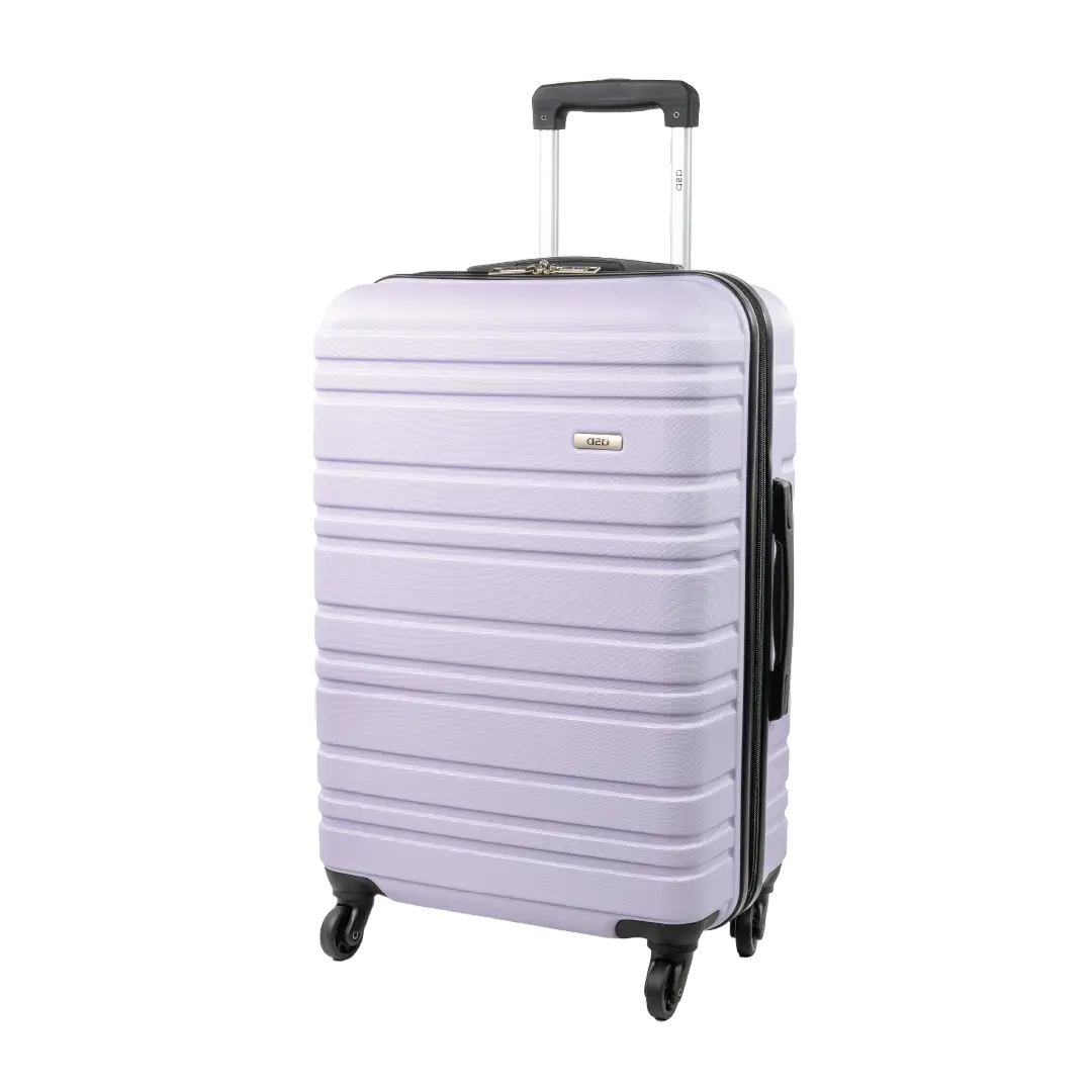 Light purple suitcase with black wheels and handle on a white background