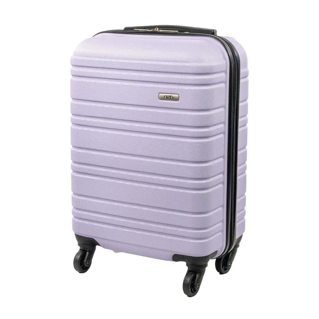 Light purple suitcase with black wheels on a white background
