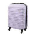 Light purple suitcase with black wheels on a white background