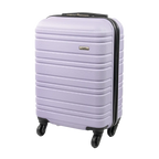 Light purple suitcase with black wheels on a white background