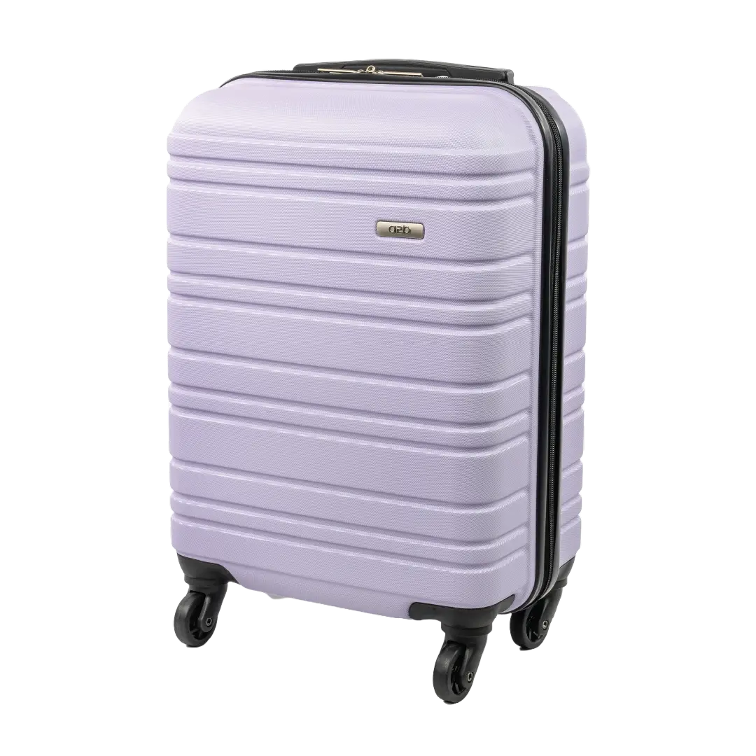 Light purple suitcase with black wheels on a white background