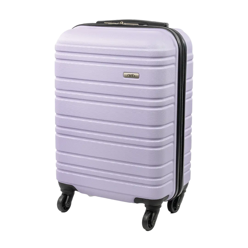 Light purple suitcase with black wheels on a white background