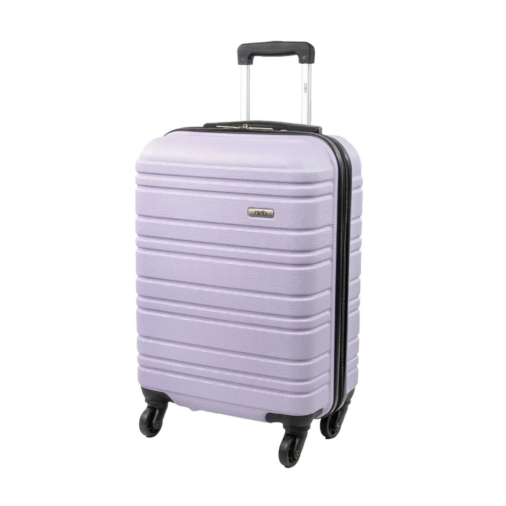Light purple suitcase with black handle and wheels on a white background