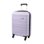 Light purple suitcase with black handle and wheels on a white background