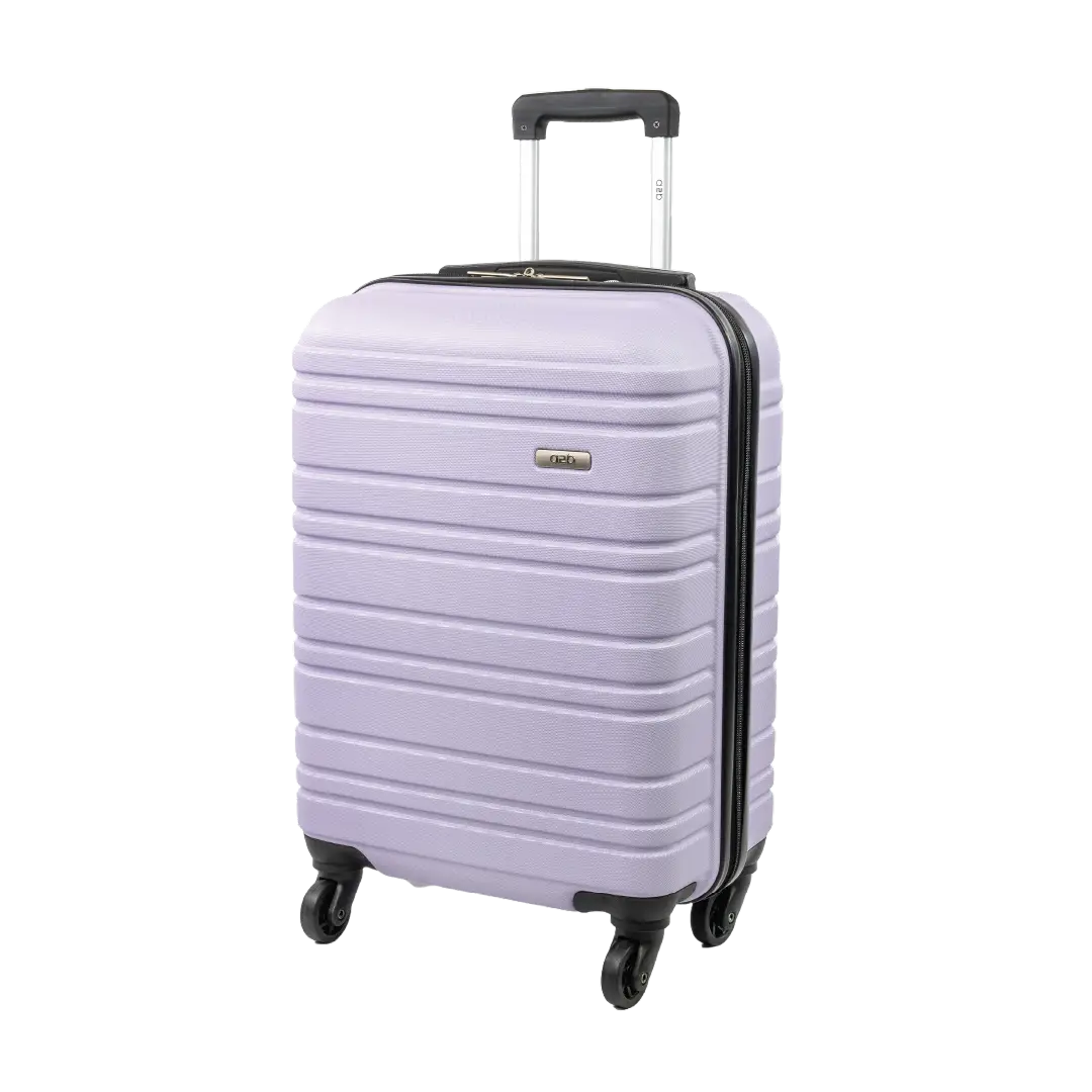 Light purple suitcase with black handle and wheels on a white background