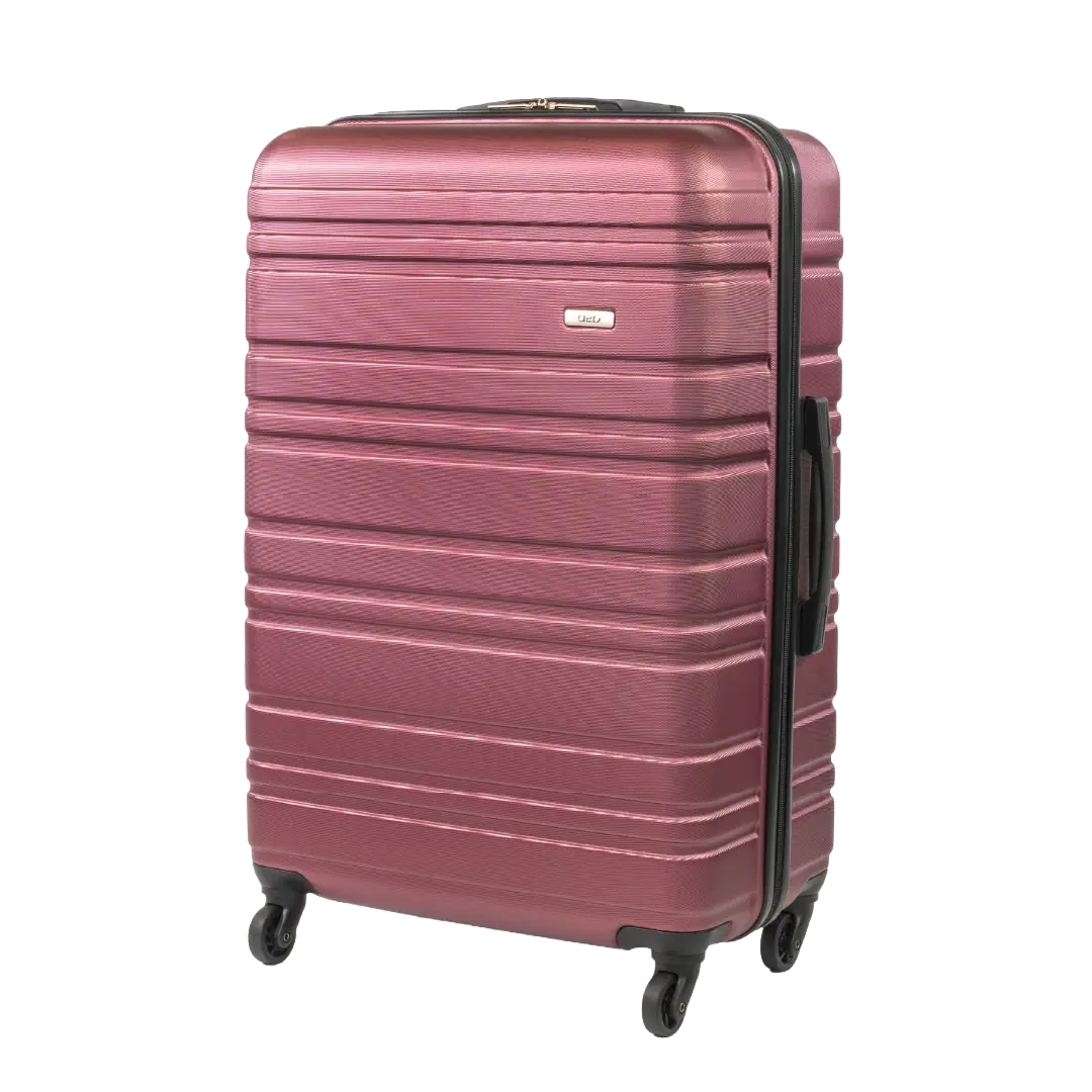 Pink suitcase with black handle and wheels on a white background