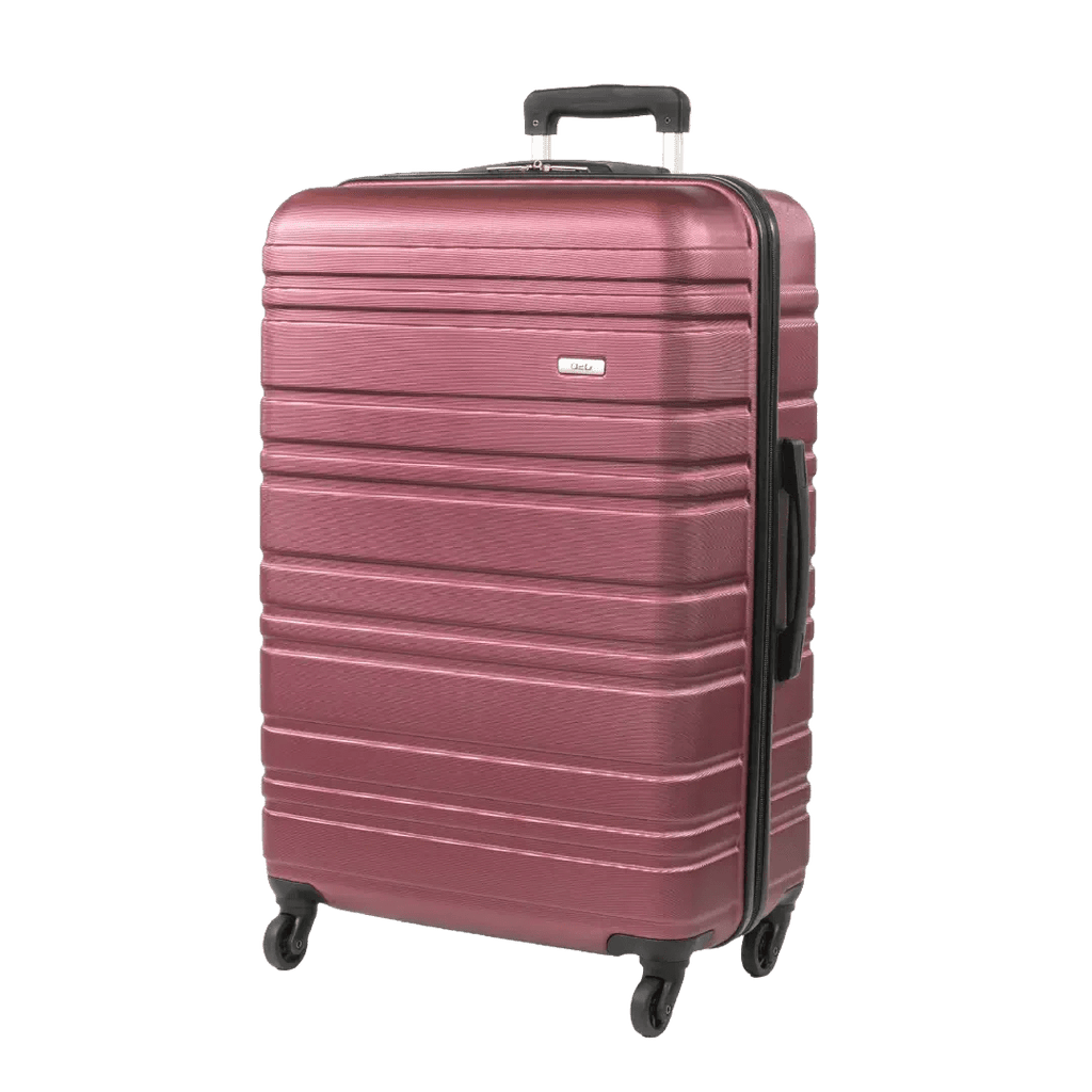 Pink suitcase with black wheels and handle on a white background